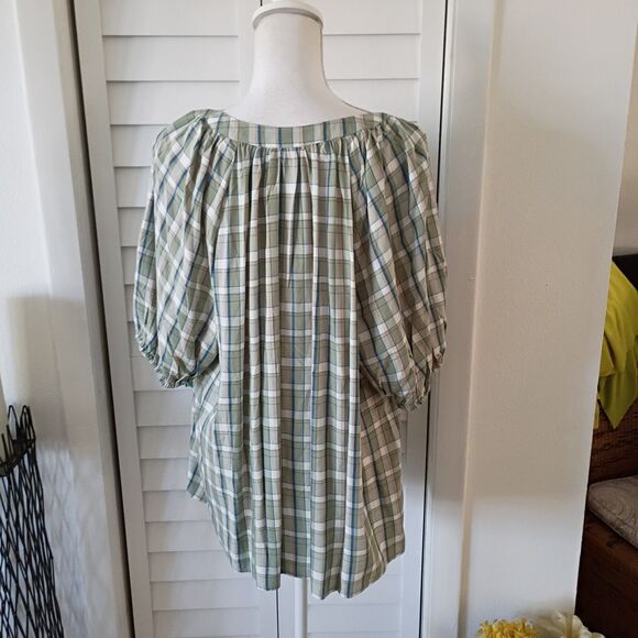 Loft Green Plaid Rayon V-Neck Short Sleeve Blouse XL NEW - Picture 4 of 8